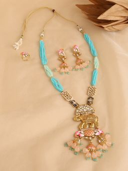 Zaveri Pearls - Multicolor Meenakari Elephant Necklace Earring Ring Set-ZPFK17137
