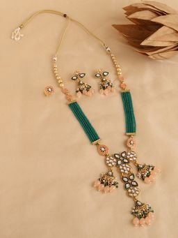 Zaveri Pearls - Green Peach Meenakari Crystals Necklace Earring & Ring Set-ZPFK17142