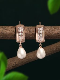 Zaveri Pearls - Rose Gold Tone Contemporary Cubic Zirconia Brass Pearl Drop Earring-ZPFK17151