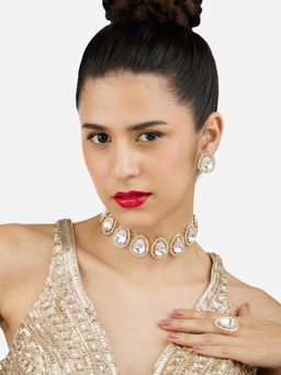 Zaveri Pearls - Gold Tone Teardrop Shape Austrian Diamonds Necklace Earring & Ring Set-ZPFK17167