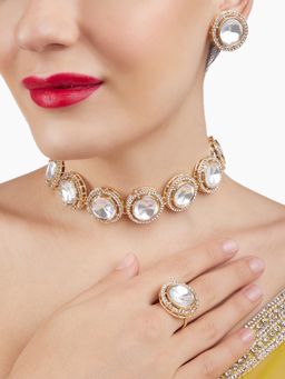 Zaveri Pearls - Gold Tone Round Austrian Diamonds Embellished Necklace Earring Ring Set-ZPFK17169