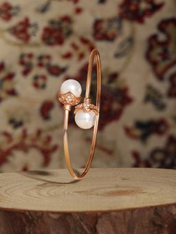Zaveri Pearls - Rose Gold Tone Dazzling Cubic Zirconia & Pearls Brass Kada Bracelet-ZPFK17184