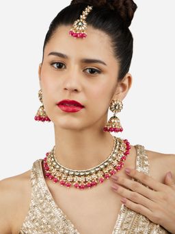 Zaveri Pearls - Green Meenakari Rani Pink Beads Choker Necklace Earring Maang Tikka Set-ZPFK17188