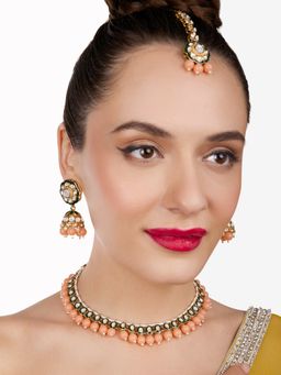 Zaveri Pearls - Green Meenakari Peach Beads Choker Necklace Earring & Maang Tikka Set-ZPFK17189