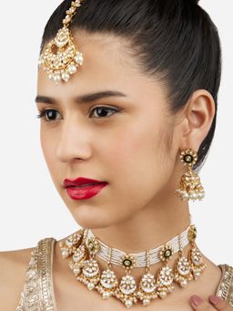 Zaveri Pearls - Green Meenakari Kundan Choker Necklace Earring & Maang Tikka Set-ZPFK17191