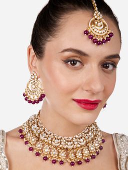 Zaveri Pearls - Purple Beads Drop Kundan Bridal Necklace Earring & Maang Tikka Set-ZPFK17193