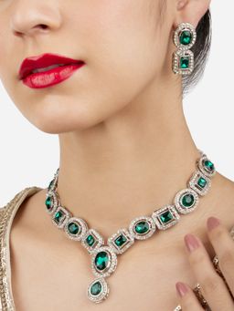 Zaveri Pearls - Green Stones & Dazzling Austrian Diamonds Necklace & Earring Set-ZPFK17196