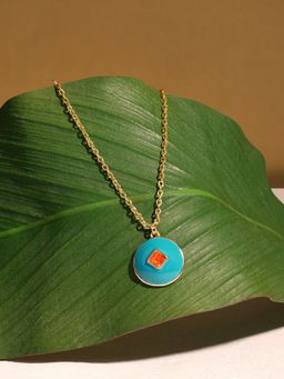 Zaveri Pearls - Turquoise Blue Enamel & Orange Stone Embellished Pendant & Chain-ZPFK17207