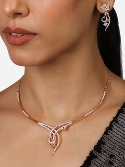 Zaveri Pearls - Rose Gold Tone Cubic Zirconia Brass Necklace Earring Set-ZPFK17231