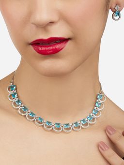 Zaveri Pearls - Turquoise Blue Dazzling Cubic Zirconia Brass Necklace & Earring Set-ZPFK17232