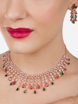 Zaveri Pearls - Pink Green Dazzling Cubic Zirconia Brass Necklace & Earring Set-ZPFK17236