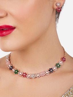 Zaveri Pearls - Multicolor Flowers Cubic Zirconia & Pearls Brass Necklace & Earring Set-ZPFK17237