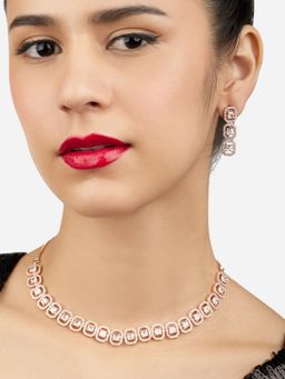 Zaveri Pearls - Rose Gold Tone Dazzling Cubic Zirconia Brass Necklace & Earring Set-ZPFK17243