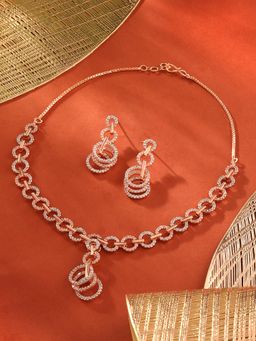 Zaveri Pearls - Rose Gold Tone Chain Link Cubic Zirconia Brass Necklace & Earring Set-ZPFK17253