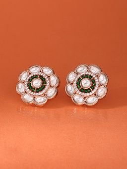 Zaveri Pearls - Green Beads & Cubic Zirconia Brass Flower Studs Earrings-ZPFK17264