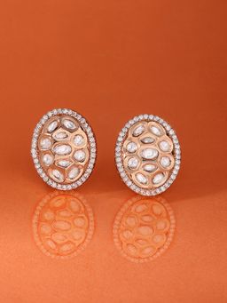 Zaveri Pearls - Rose Gold Tone Cubic Zirconia Brass Oval Shape Studs Earrings-ZPFK17268