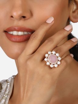 Zaveri Pearls - Pink Stone Dazzling Cubic Zirconia Flower Brass Adjustable Ring-ZPFK17271
