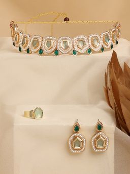 Zaveri Pearls - Green Stones Austrian Diamonds Necklace Earring & Ring Set-ZPFK17278