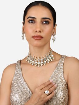 Zaveri Pearls - Green Stones Rajwada Kundan Choker Necklace Earring Ring Set-ZPFK17279