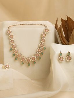Zaveri Pearls - Pink Green Stones Floral Ethnic Necklace Earring & Ring Set-ZPFK17280