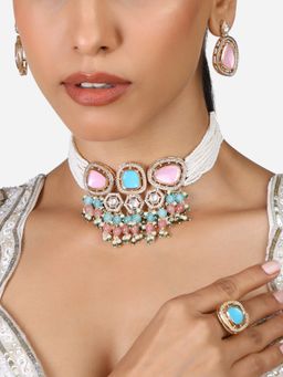 Zaveri Pearls - Pink Turquoise Blue Choker Necklace Earring & Ring Set-ZPFK17285