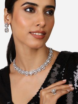 Zaveri Pearls - Silver Tone Contemporary Necklace Earring & Ring Set-ZPFK17288