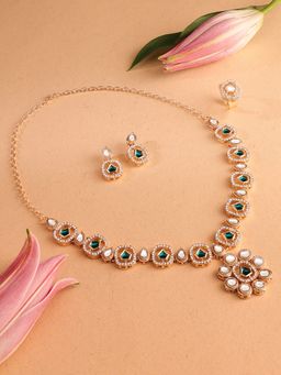Zaveri Pearls - Green Austrian Diamonds Kundan Necklace Earrings & Ring Set-ZPFK17290