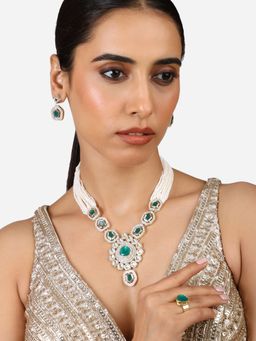Zaveri Pearls - Green Stones Multistrand Kundan Necklace Earring & Ring Set-ZPFK17291