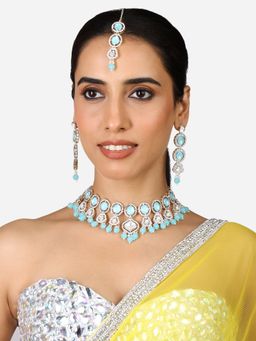 Zaveri Pearls - Turquoise Blue Stones Beads Necklace Earring Maang Tikka Set-ZPFK17304