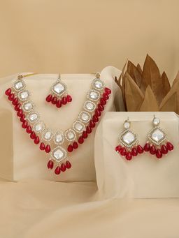 Zaveri Pearls - Pink Beads Drop Stones Necklace Earring Maang Tikka Set-ZPFK17306