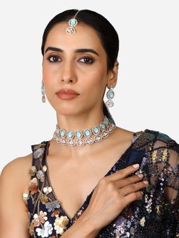 Zaveri Pearls - Turquoise Blue Choker Necklace Earring Maang Tikka Set-ZPFK17309
