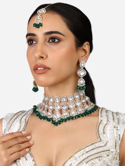 Zaveri Pearls - Green Beads Bridal Choker Necklace Earring Maang Tikka Set-ZPFK17312