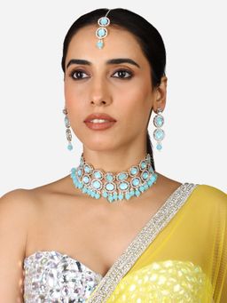 Zaveri Pearls - Turquoise Blue Stones Choker Necklace Earring Maang Tikka Set-ZPFK17313