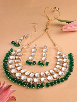 Zaveri Pearls - Green Beads Drop Stone Choker Necklace Earring Maang Tikka Set-ZPFK17314