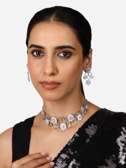 Zaveri Pearls - Silver Tone Cubic Zirconia Brass Choker Necklace Earring Set-ZPFK17328