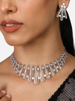 Zaveri Pearls - Silver Tone Cubic Zirconia Brass Choker Necklace Earring Set-ZPFK17330