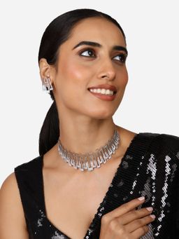 Zaveri Pearls - Silver Tone Cubic Zirconia Brass Choker Necklace Earring Set-ZPFK17331