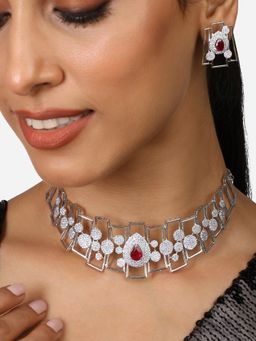 Zaveri Pearls - Pink Stone Cubic Zirconia Brass Choker Necklace Earring Set-ZPFK17332