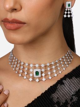 Zaveri Pearls - Green Stone Cubic Zirconia Brass Choker Necklace Earring Set-ZPFK17333