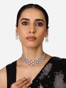 Zaveri Pearls - Silver Tone Cubic Zirconia Brass Choker Necklace Earring Set-ZPFK17334
