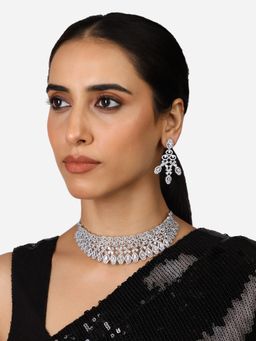Zaveri Pearls - Silver Tone Cubic Zirconia Brass Choker Necklace Earring Set-ZPFK17337