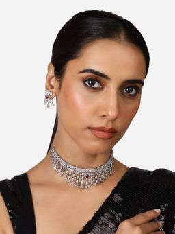 Zaveri Pearls - Pink Stone Cubic Zirconia Brass Choker Necklace Earring Set-ZPFK17339