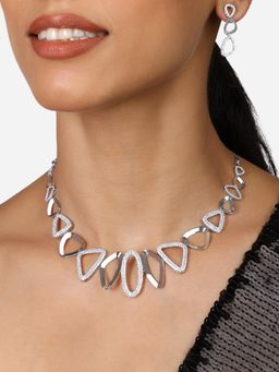 Zaveri Pearls - Silver Tone Cubic Zirconia Brass Choker Necklace Earring Set-ZPFK17341