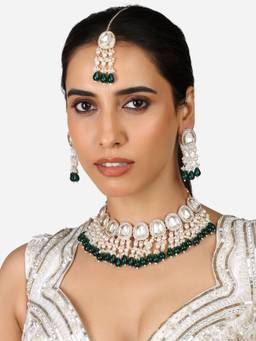 Zaveri Pearls - Green Cluster Drops Choker Necklace Earring & Maang Tikka Set-ZPFK17349