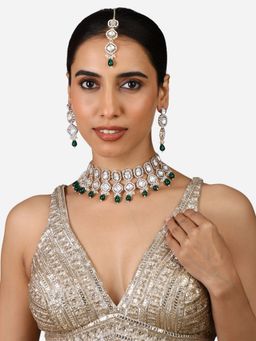 Zaveri Pearls - Green Beads Stones Choker Necklace Earring Maang Tikka Set-ZPFK17350