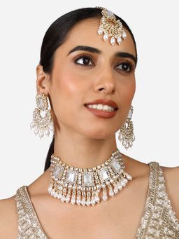 Zaveri Pearls - Gold Tone Stones Drop Choker Necklace Earring Maang Tikka Set-ZPFK17351