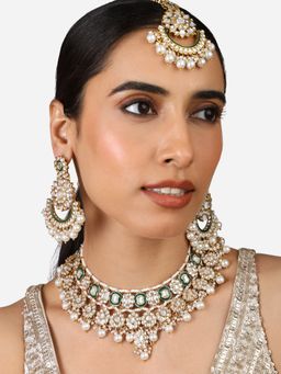 Zaveri Pearls - Green Meenakari Bridal Choker Necklace Earring Maang Tikka Set-ZPFK17355