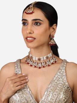 Zaveri Pearls - Red Kundan Crescent Floral Necklace Earring & Maang Tikka Set-ZPFK17356