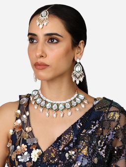 Zaveri Pearls - Green Meenakari Kundan Choker Necklace Earring Maang Tikka Set-ZPFK17362