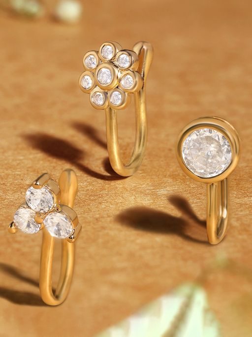 Zaveri Pearls Set of 3 Gold Tone Cubic Zirconia Brass Clip On Nose Pins-ZPFK17363